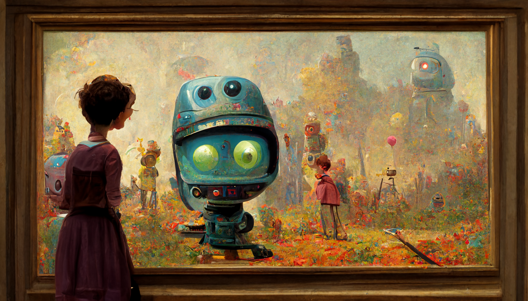 Woman Looking at Painting of a Robot