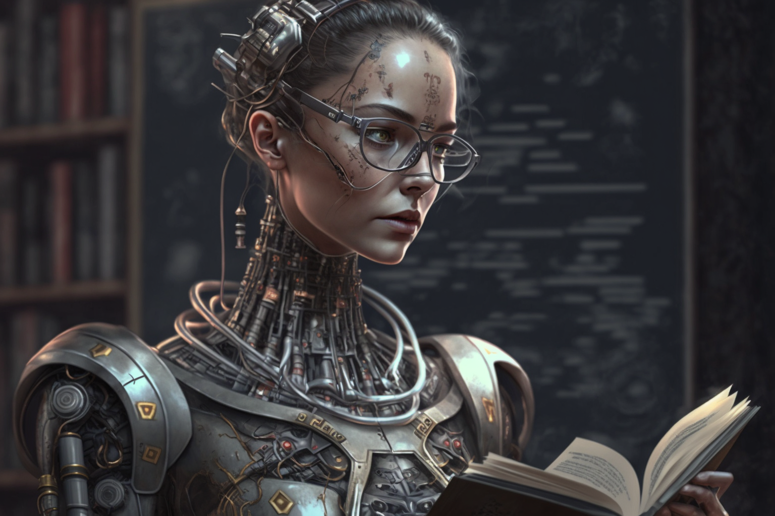 A robot with the face of a young woman holds a book in a library
