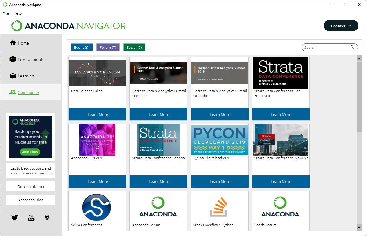 Anaconda Navigator showing the Community Tab