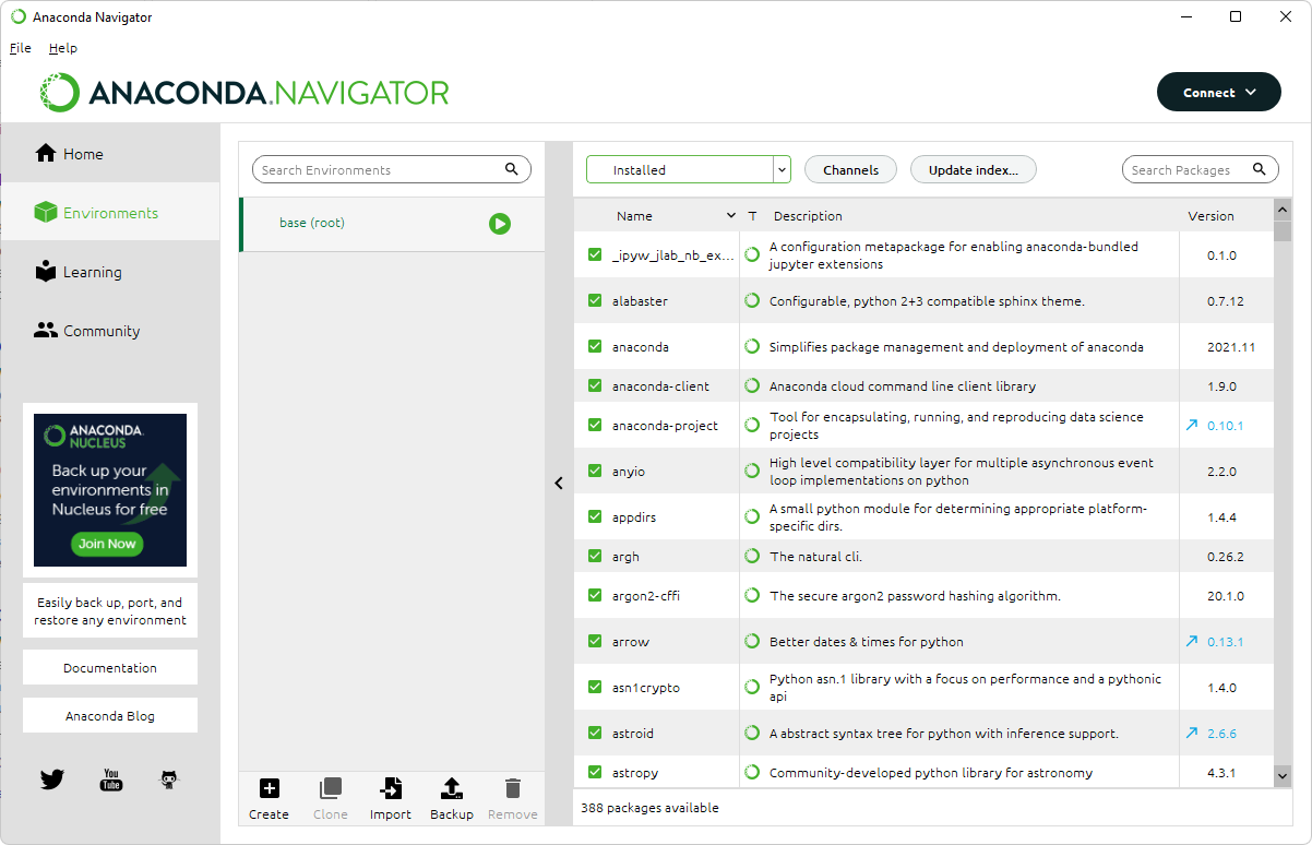 Anaconda Navigator showing the Environment Tab