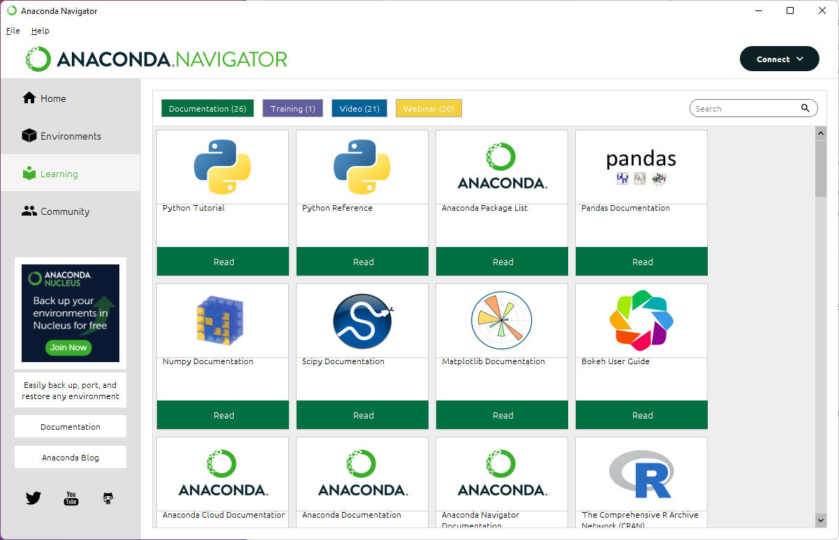 Anaconda Navigator showing the Learn Tab