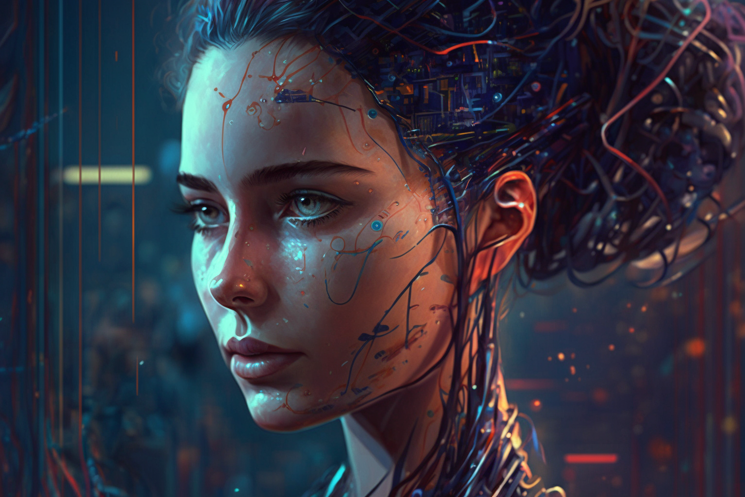 A young woman with colorful circuitry for air looks pensive