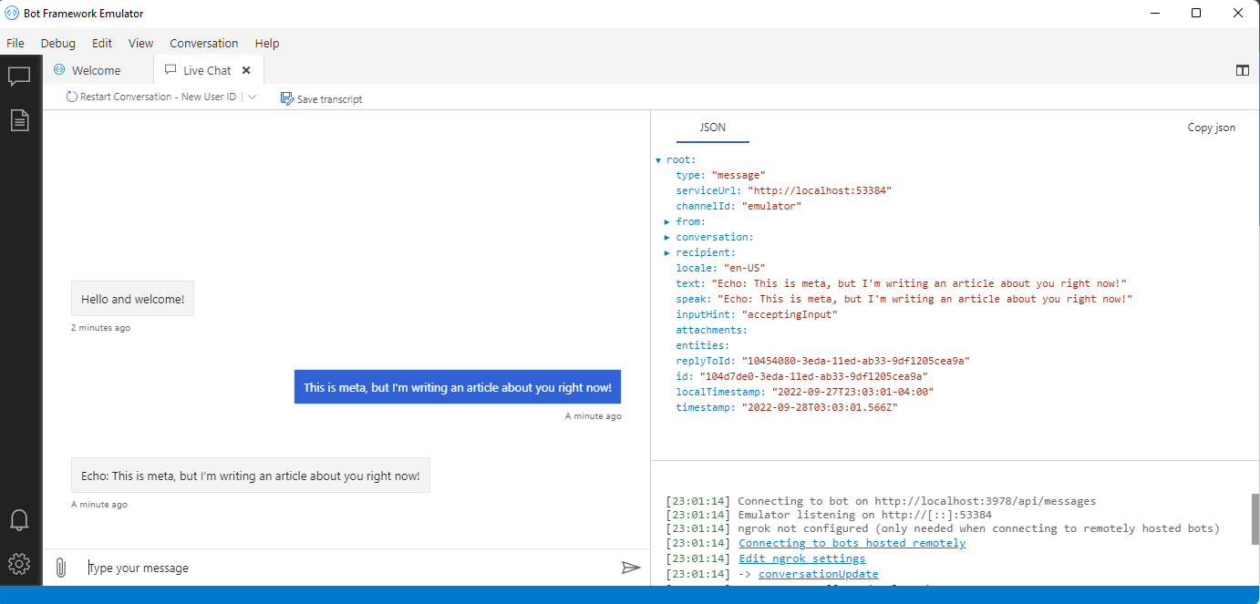 Testing the Bot in Bot Framework Emulator