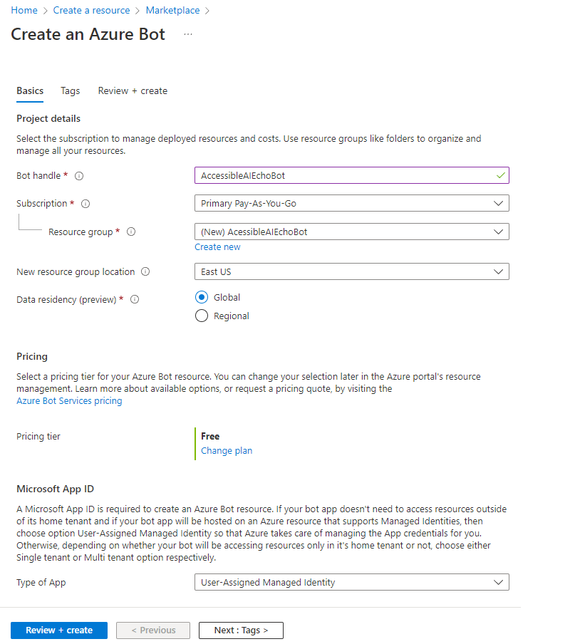 Configuring a new Azure Bot