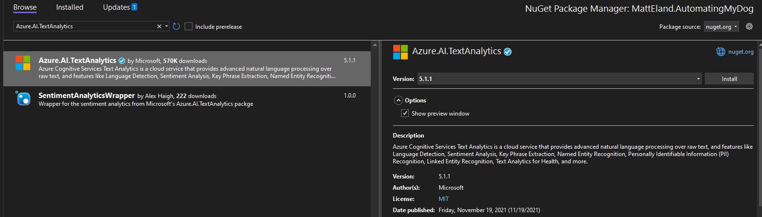 Adding a NuGet Reference to Azure.AI.TextAnalytics