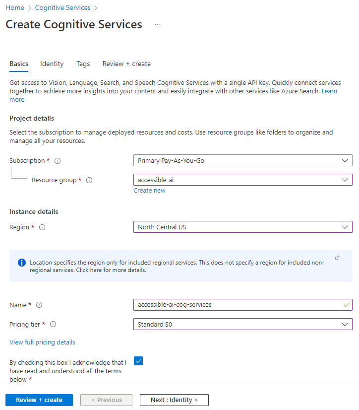 Configuring an Azure Cognitive Services instance