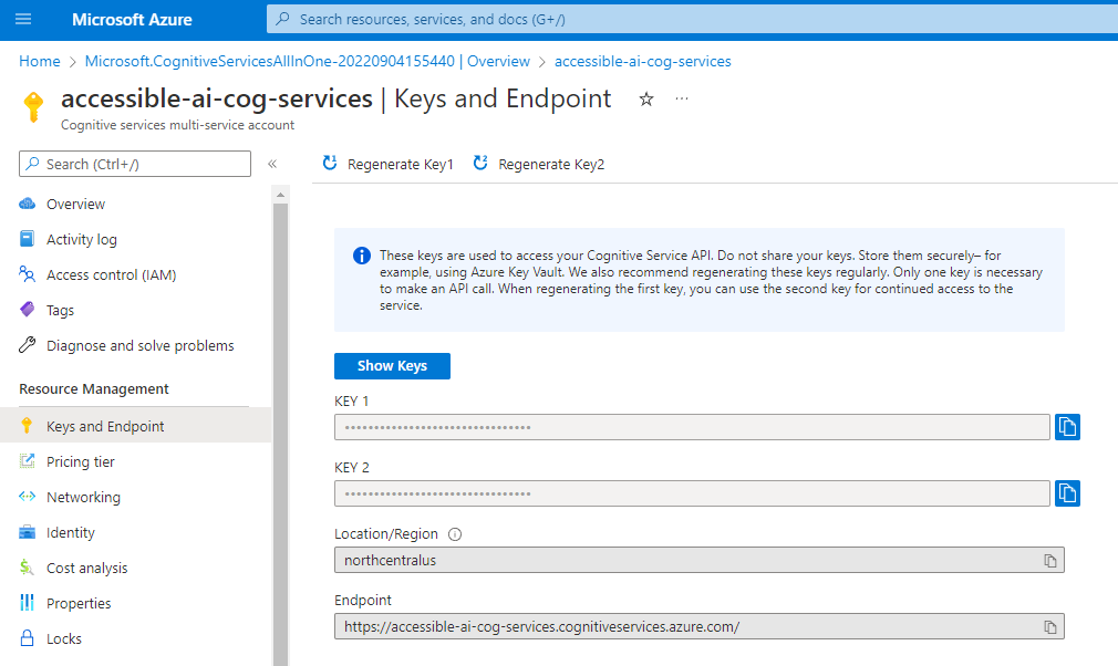 Cognitive Services Keys and Endpoints Blade