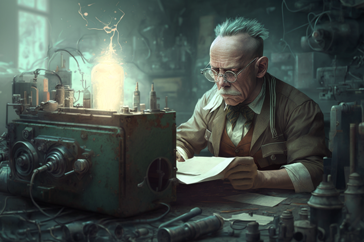 An older man with colored spiky hair and a suit reviews some paper coming out of an antique machine in a workshop