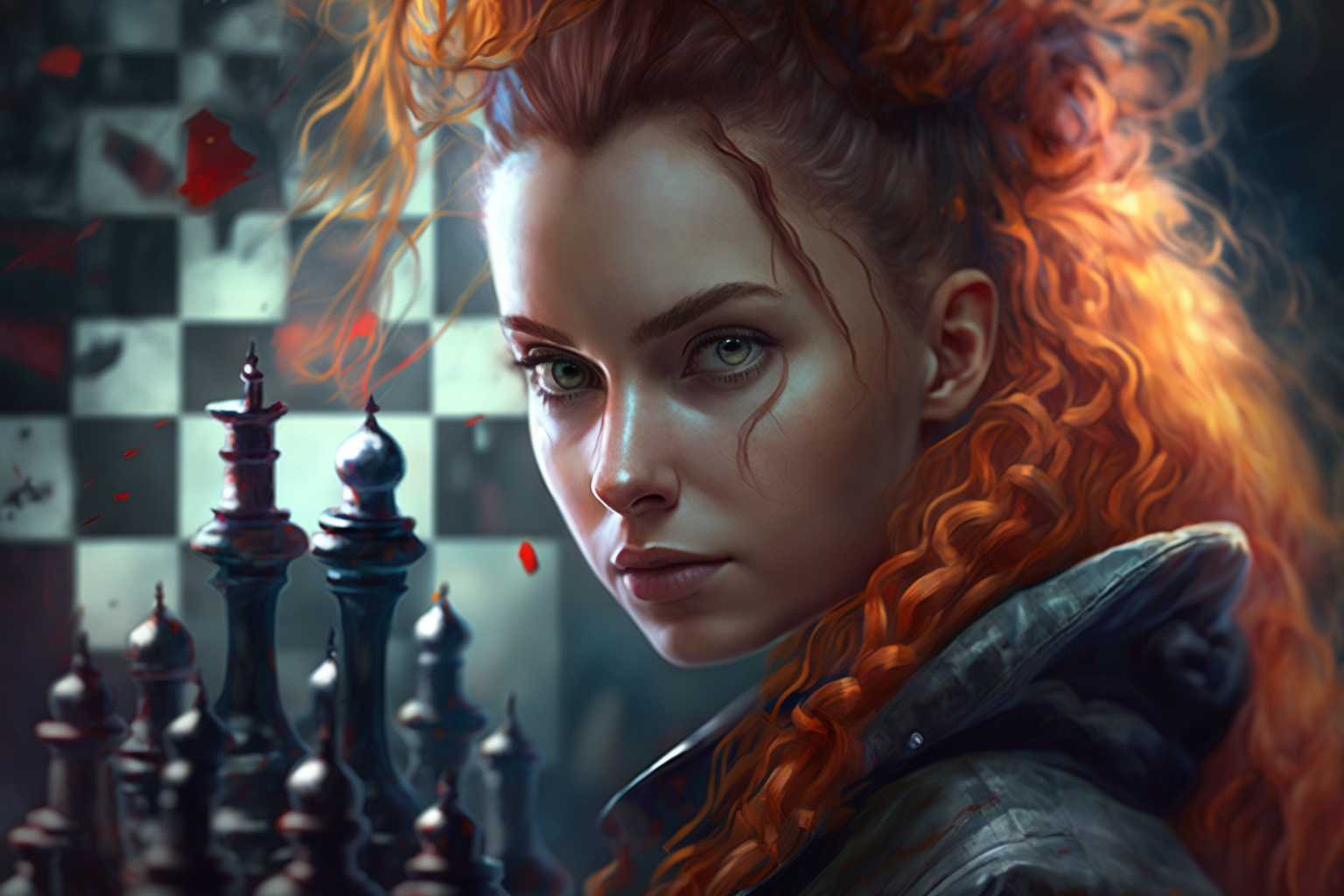 A fierce looking woman stands in front of a chess board