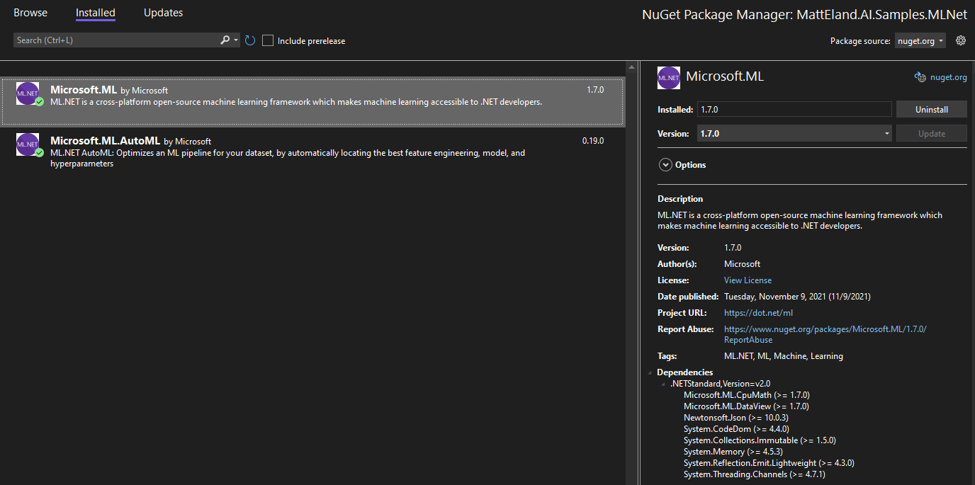 NuGet Package Manager with ML.NET and ML.NET AutoML Installed