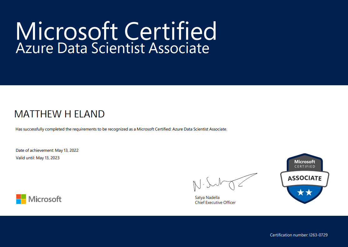Azure Data Scientist Associate Certificate, awarded to Matt Eland